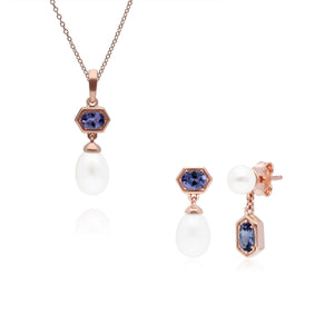 Modern Pearl & Tanzanite Pendant & Earring Set in Rose Gold Plated Sterling Silver