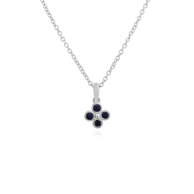 Ciondolo e orecchini in argento 925 con trifoglio floreale e zaffiro rotondo