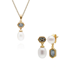 Modern Pearl & Aquamarine Pendant & Earring Set in Gold Plated Sterling Silver