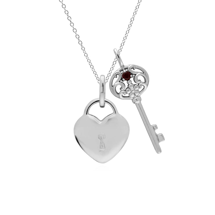 Classico ciondolo con lucchetto a cuore in argento 925 e grandi ciondoli con chiave in granato