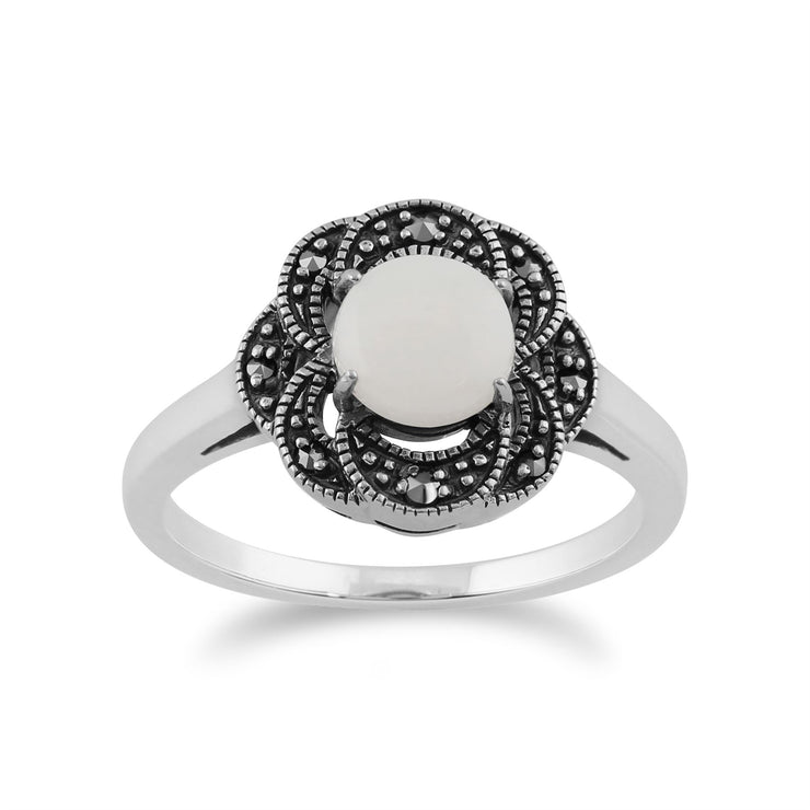 Anello Art Deco gemondo, anello Art Deco floreale in argento sterling 925 da 0,55 CT con opale e MARCASSITE