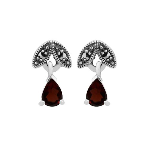 Orecchini pendenti in stile Art Nouveau Argento 925 Granato Pera e Marcasite
