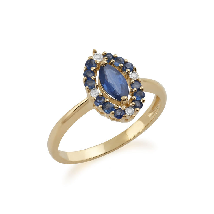 Anello in oro giallo da 9 ct con zaffiro blu naturale da 0,63 ct e molti diamanti da 1,6 pt