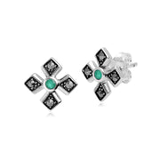 Orecchini a bottone con croce gotica in stile Art Déco in argento 925, smeraldo e marcasite