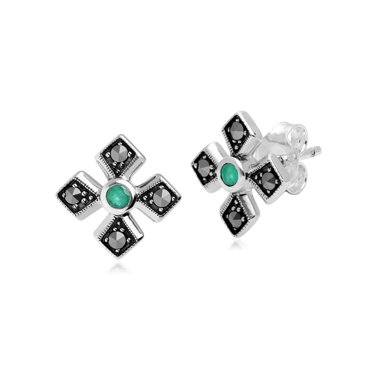 Orecchini a bottone con croce gotica in stile Art Déco in argento 925, smeraldo e marcasite