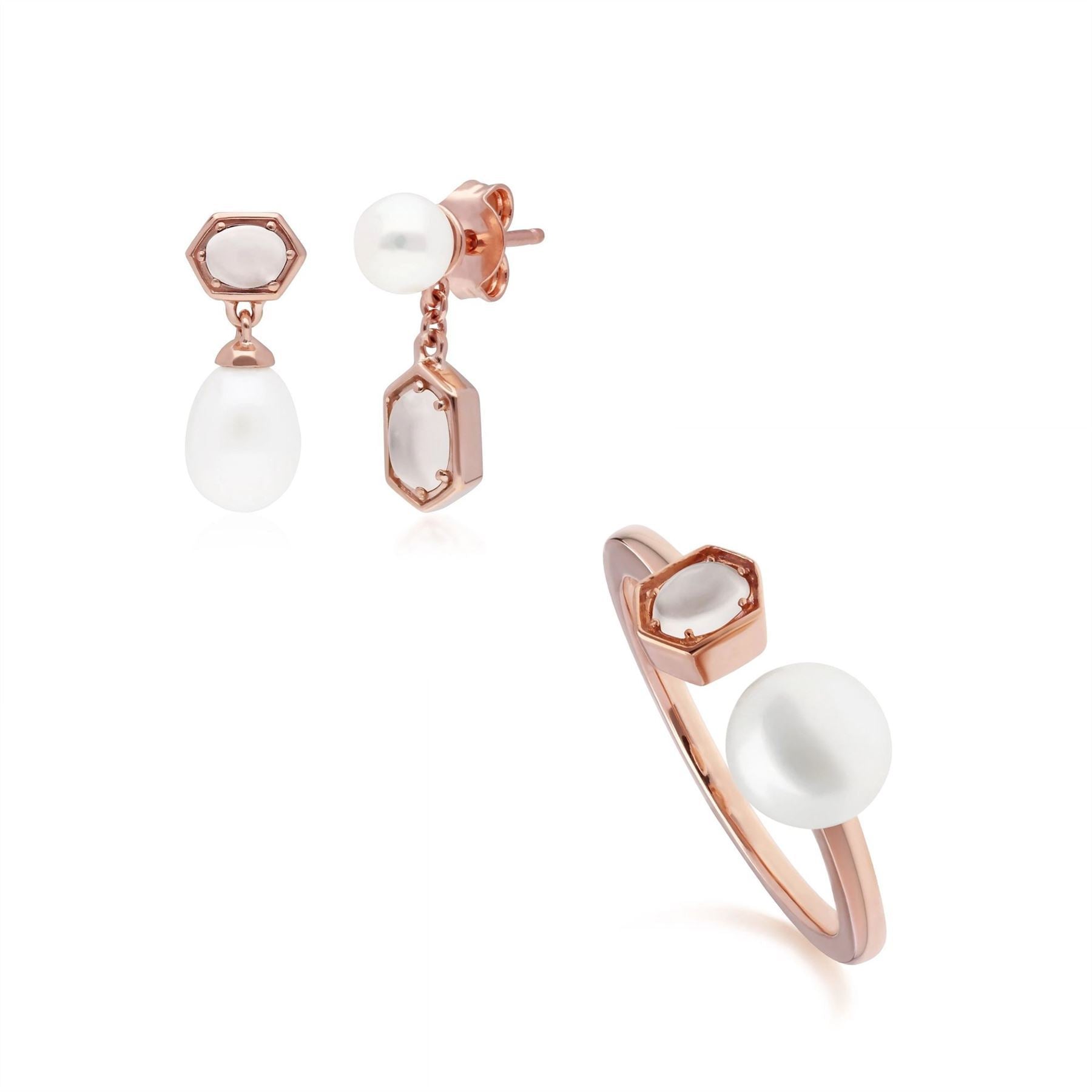 Modern Pearl & Moonstone Earring & Ring Set in Rose Gold Plated Sterling Silver