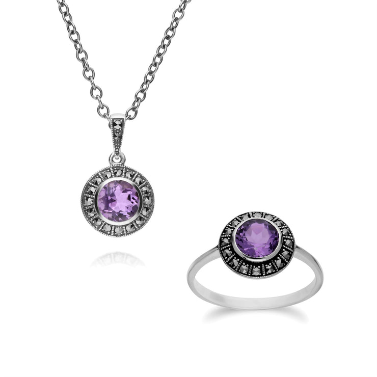 Ciondolo e anello in stile Art Déco Argento 925 con ametista e marcasite a grappolo rotondo