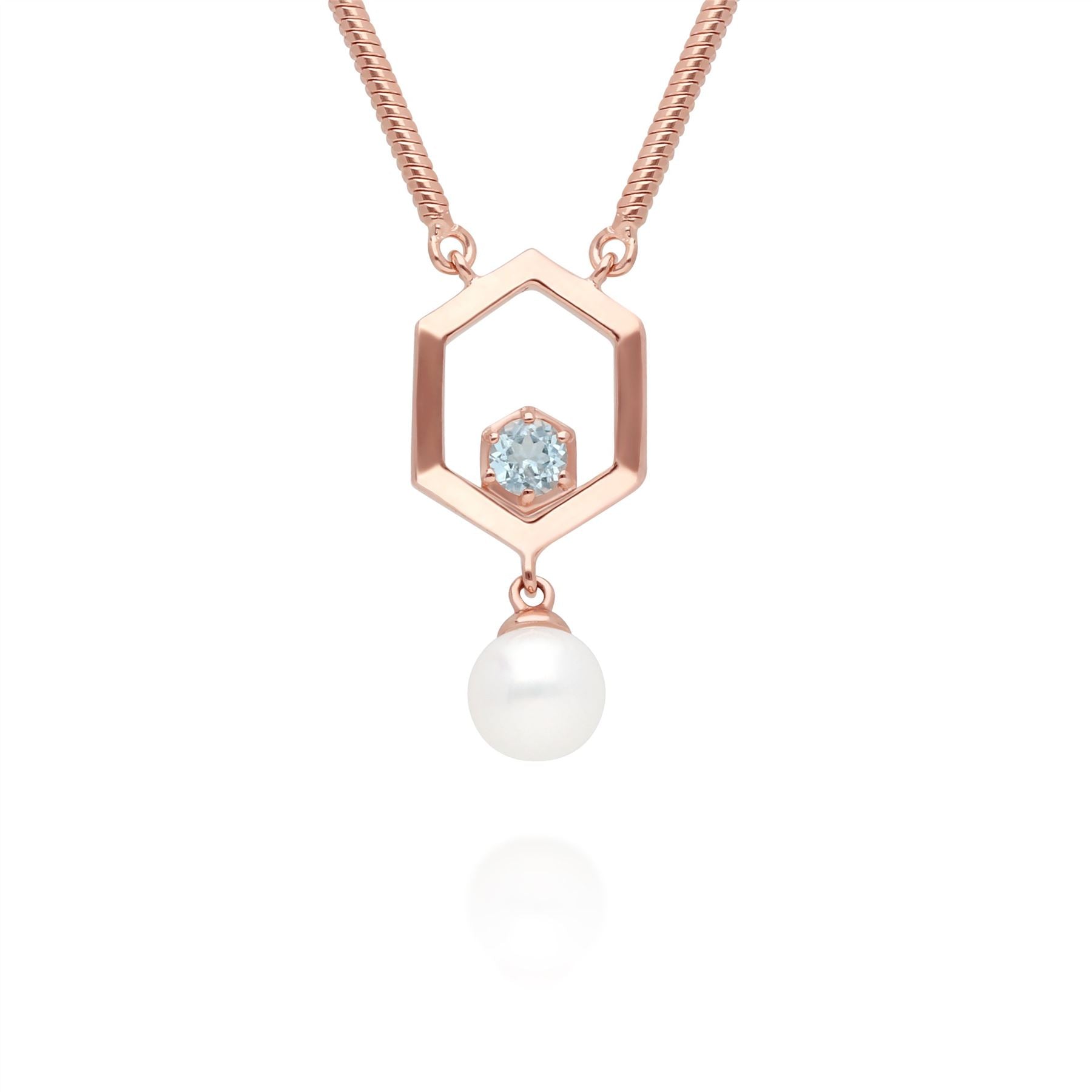 Modern Pearl & Aquamarine Hexagon Drop Necklace in Rose Gold Plated Sterling Silver