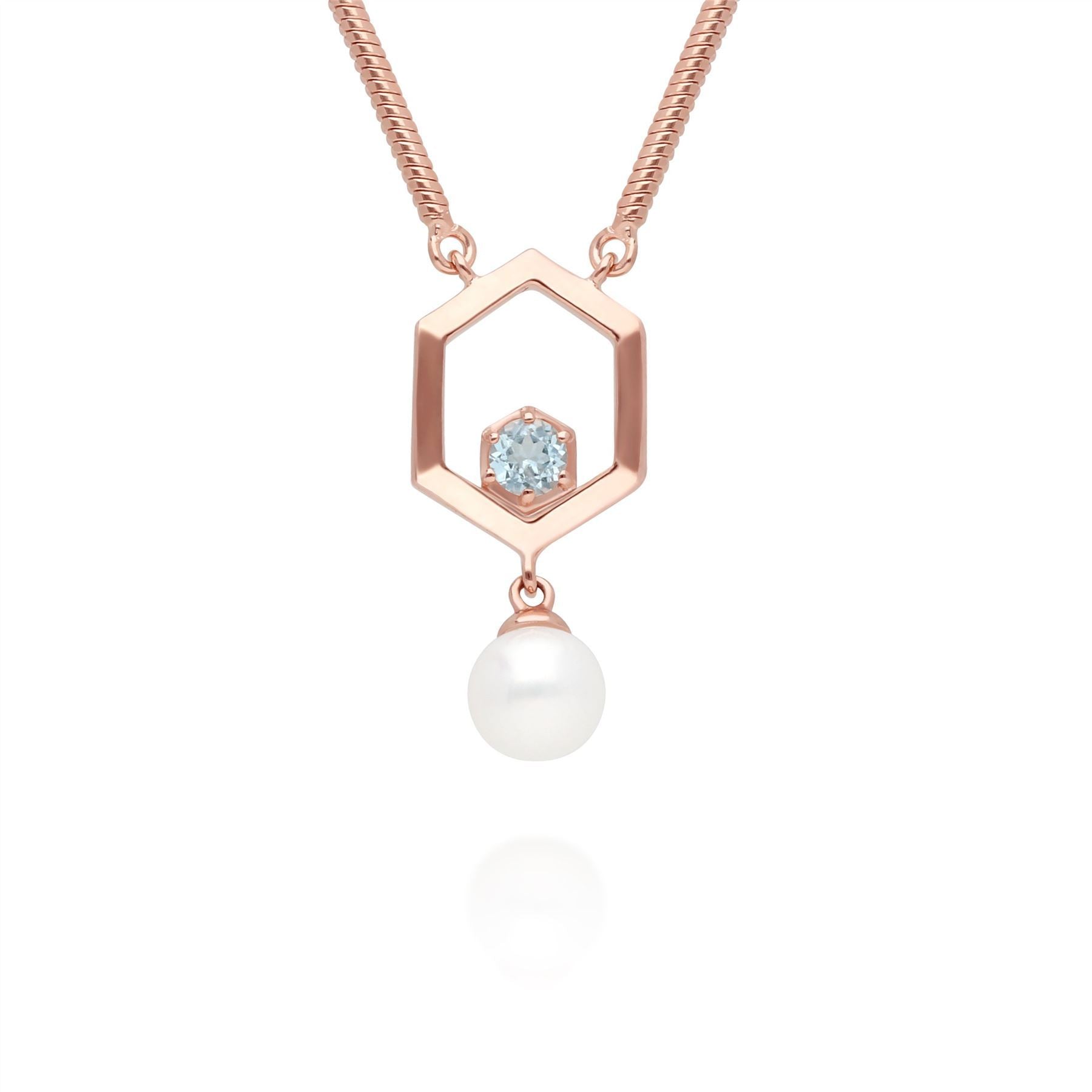 Modern Pearl & Aquamarine Hexagon Drop Necklace in Rose Gold Plated Sterling Silver