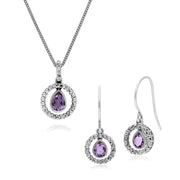 Orecchini pendenti e pendenti classici in argento 925 con pera di ametista e marcasite
