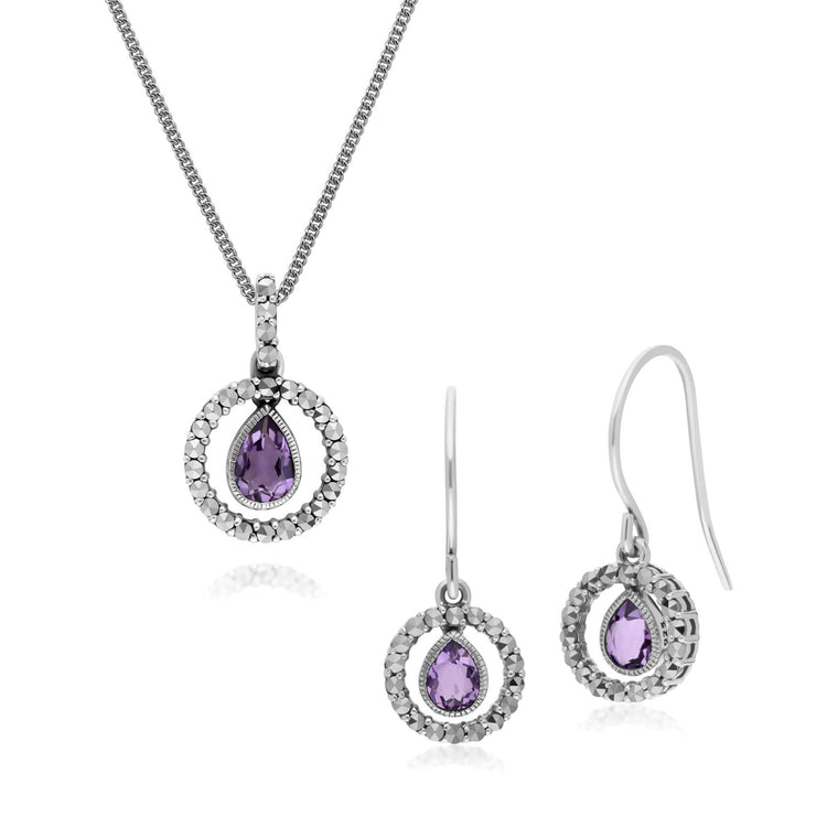 Orecchini pendenti e pendenti classici in argento 925 con pera di ametista e marcasite