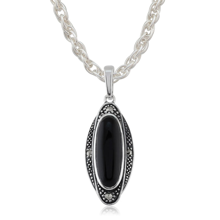 Orecchini pendenti e pendenti in stile Art Déco in argento 925 con cabochon in onice nero e marcasite