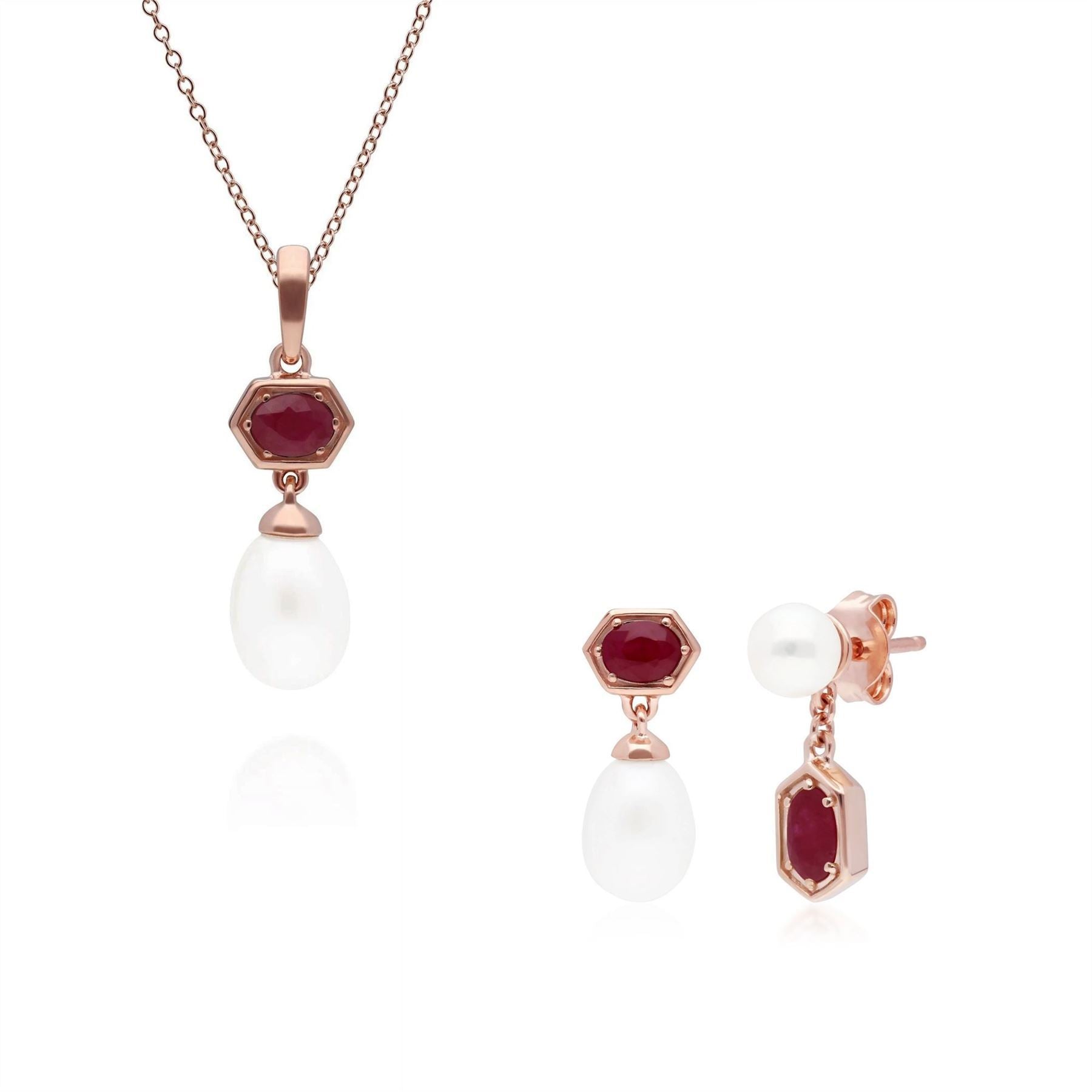 Modern Pearl & Ruby Pendant & Earring Set in Rose Gold Plated Sterling Silver