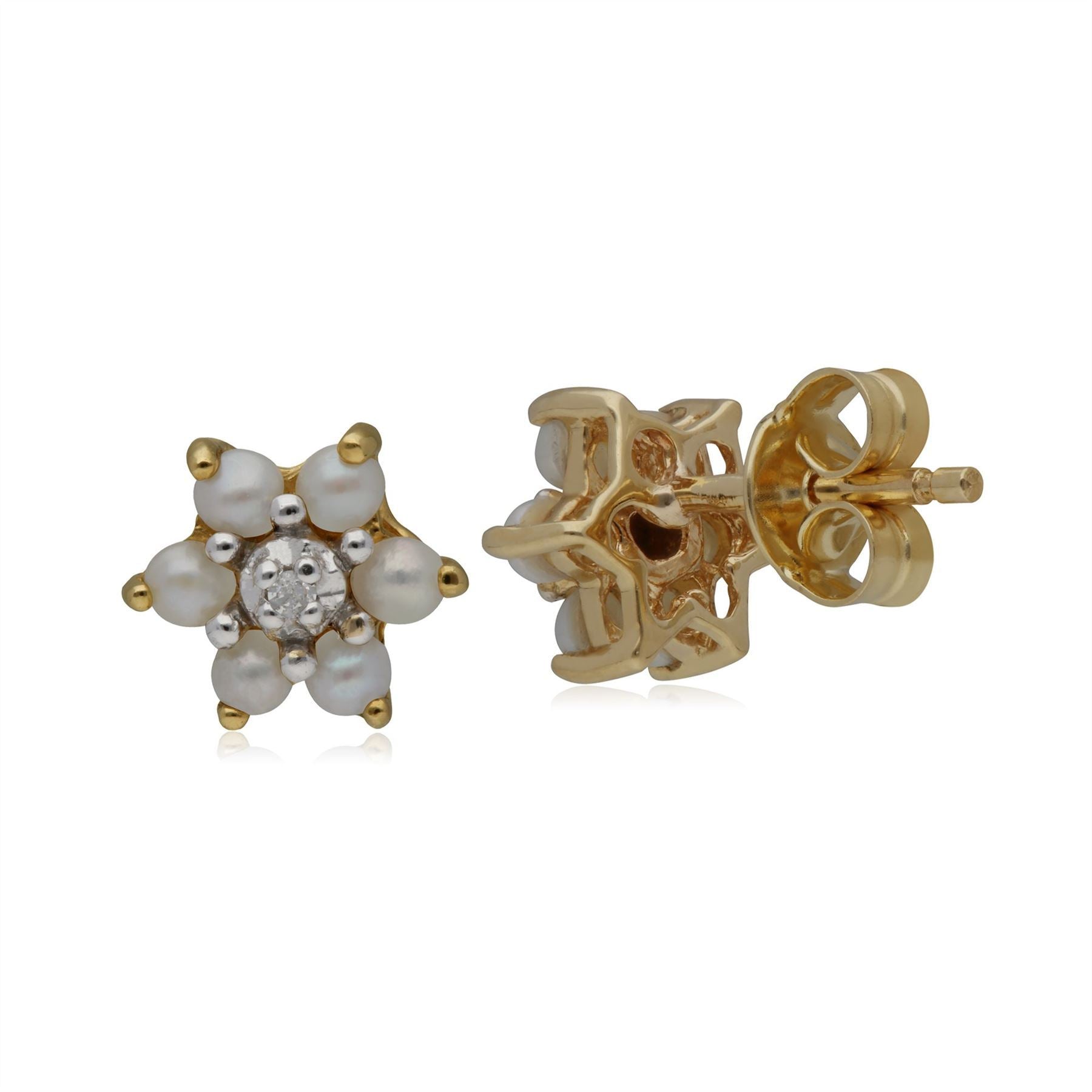 Classic Floral Pearl & Diamond Stud Earrings in 9ct Yellow Gold