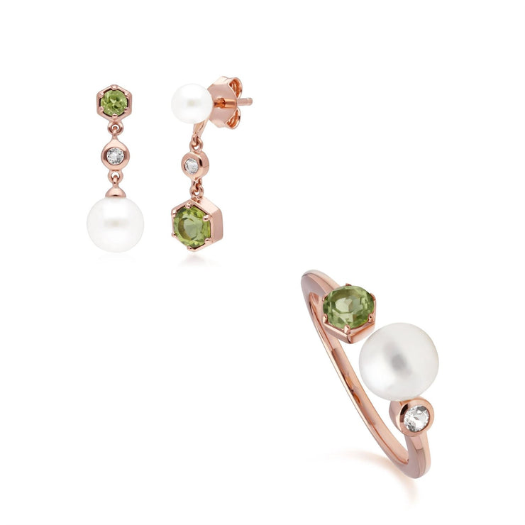 Anello e orecchini con perle moderne in argento 925 dorato con peridoto rosa in oro fino, topazio e perla