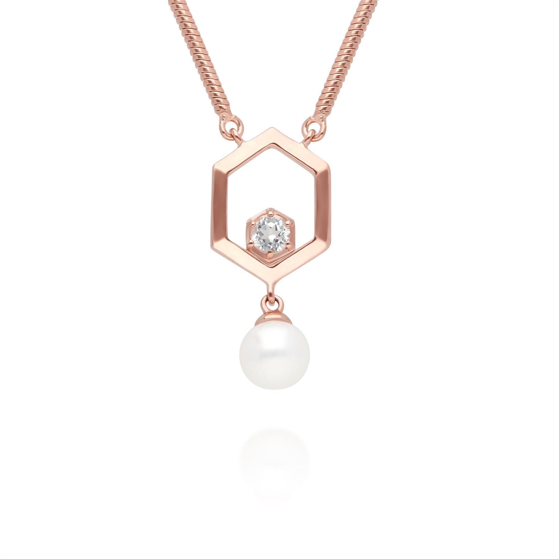 Modern Pearl & White Topaz Hexagon Drop Necklace in Rose Gold Plated Sterling Silver