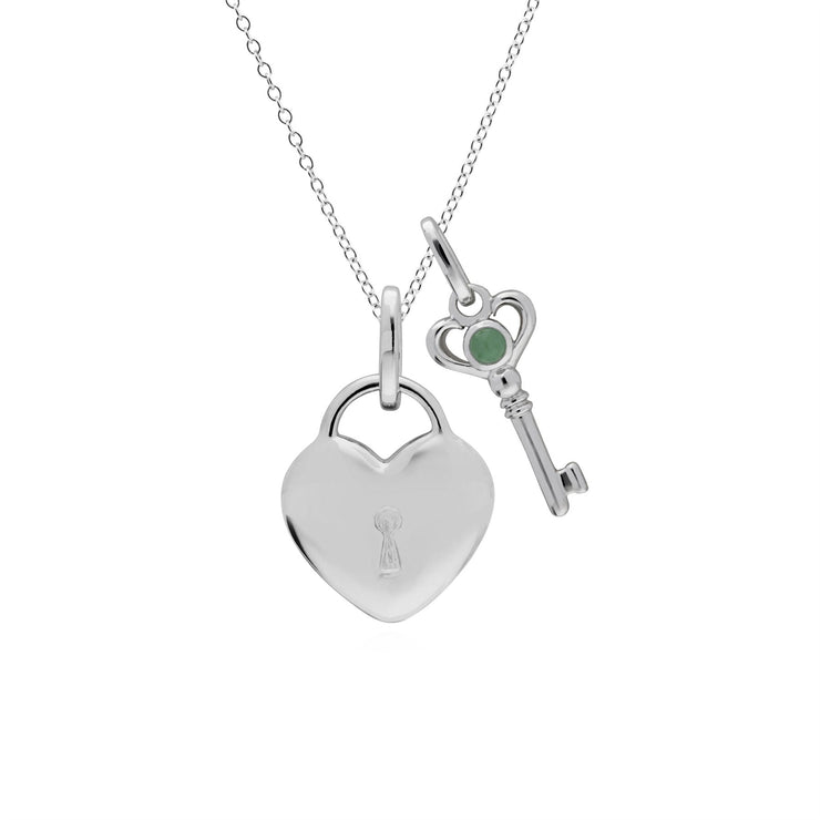 Classico ciondolo con lucchetto a cuore in argento 925 e ciondoli con chiave in giada