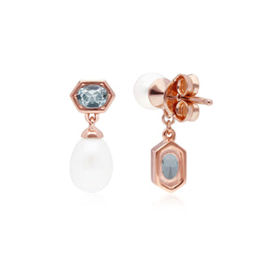 Orecchini pendenti spaiati moderni di perle e topazio blu in argento sterling placcato oro rosa