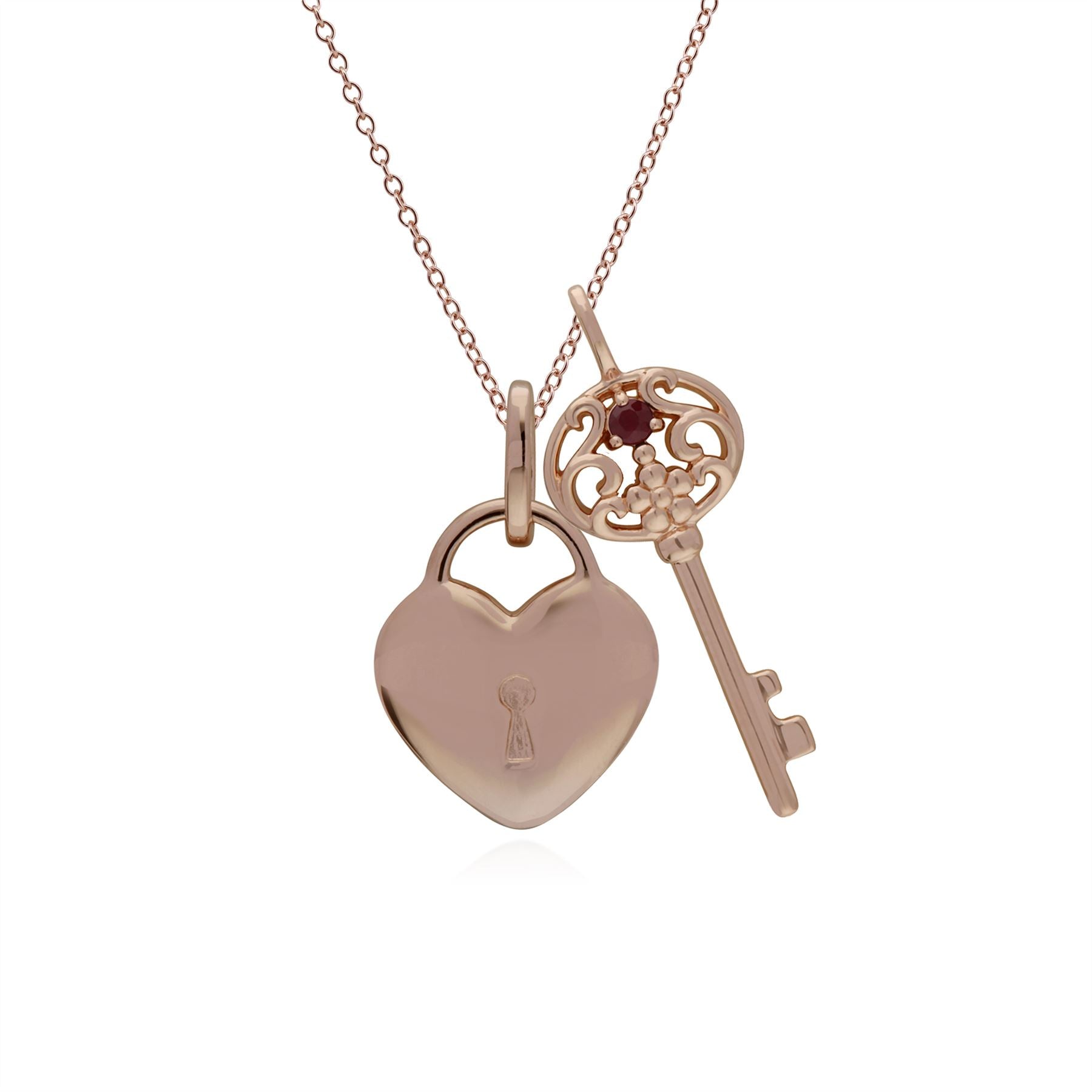 Ciondolo classico con lucchetto a cuore in argento 925 placcato oro rosa e grandi ciondoli con chiave in rubino