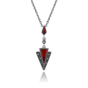 Collana e orecchini con pendente a triangolo in stile Art Déco, cabochon rosso corniola in argento 925 e marcasite