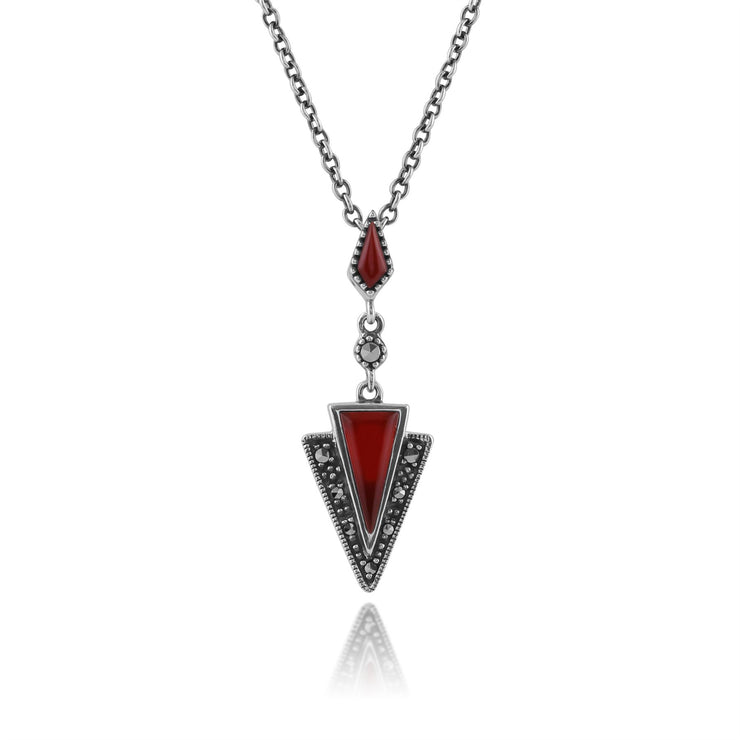Collana e orecchini con pendente a triangolo in stile Art Déco, cabochon rosso corniola in argento 925 e marcasite
