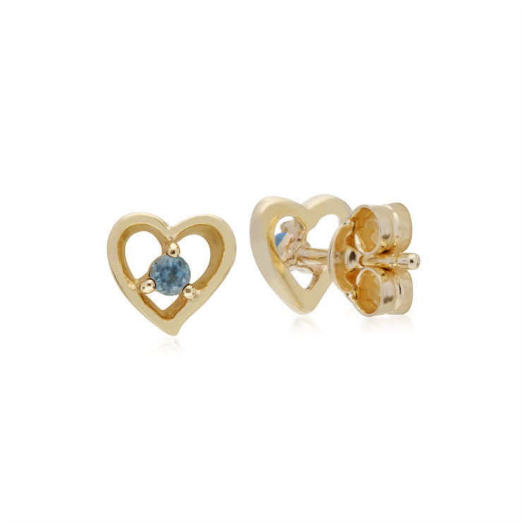 Orecchini acquamarina, orecchini a bottone con cuore in pietra singola acquamarina in oro giallo da 9 ct