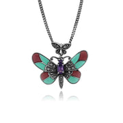 Collana Papillion Stile Art Nouveau Argento 925 Ovale Ametista, Marcasite e Smalto