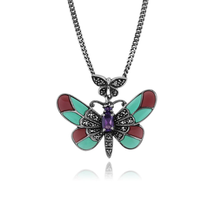 Collana Papillion Stile Art Nouveau Argento 925 Ovale Ametista, Marcasite e Smalto