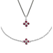 Ciondolo e bracciale trifoglio floreale in argento 925 con rubino rotondo