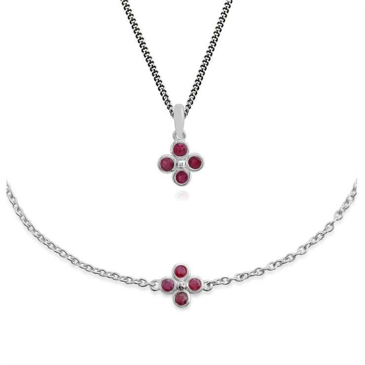 Ciondolo e bracciale trifoglio floreale in argento 925 con rubino rotondo