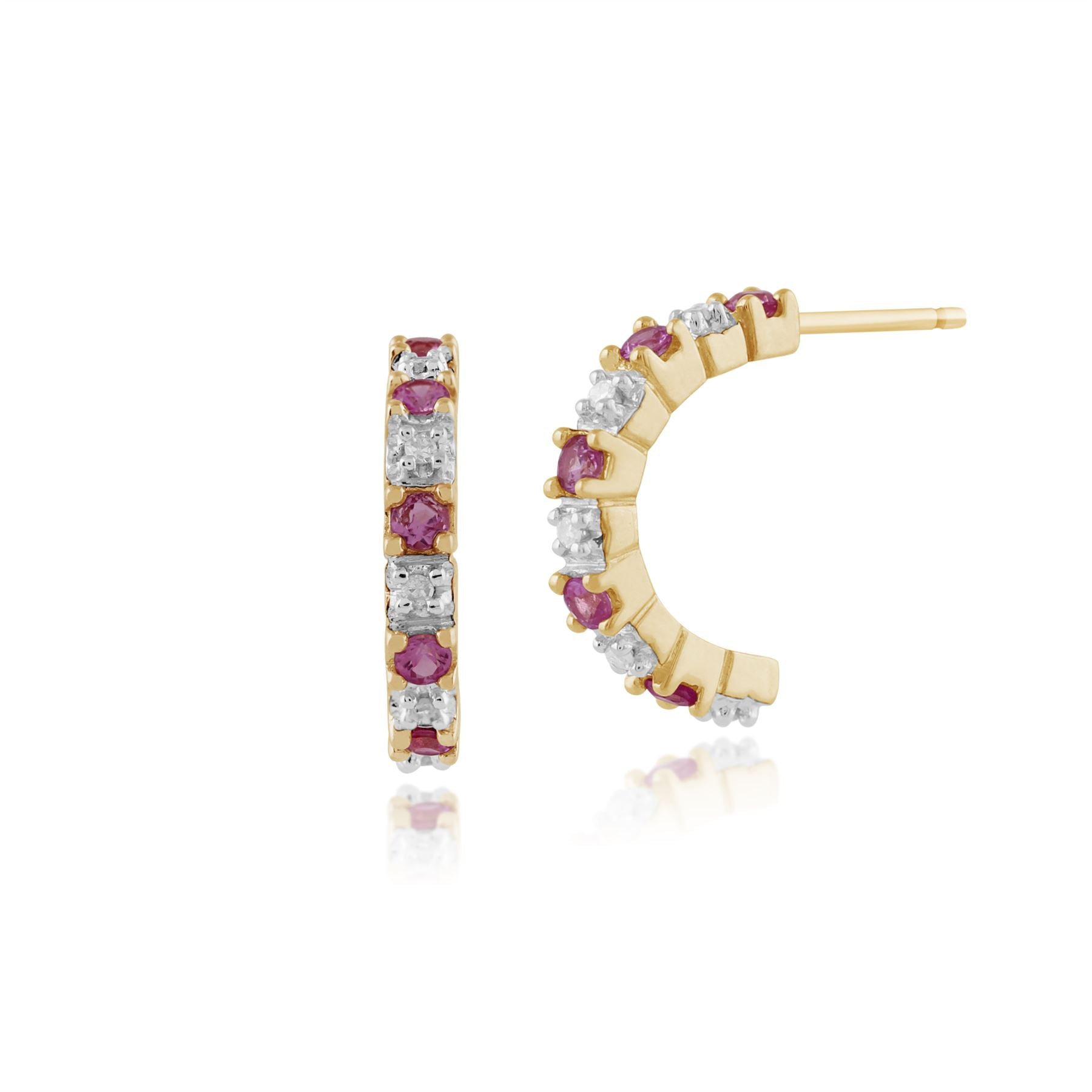 Orecchini a mezzo cerchio e classico anello Half Eternity in oro giallo 375 con zaffiro rosa rotondo e diamante