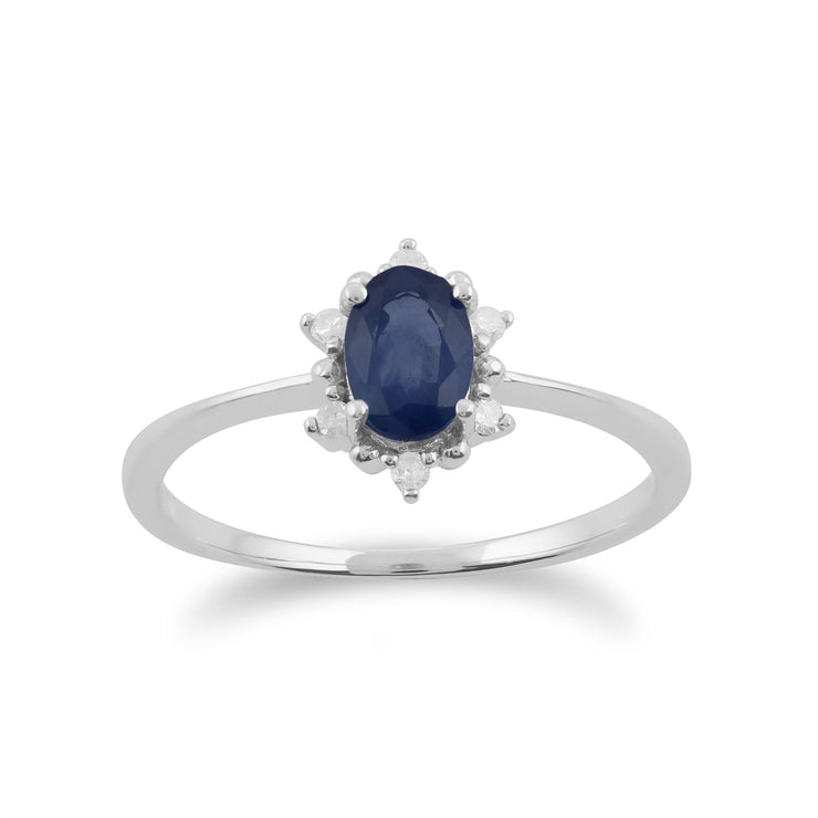 Anello Gemondo con zaffiro, anello a grappolo ovale in oro bianco da 9 ct con zaffiro da 0,57 ct e diamanti