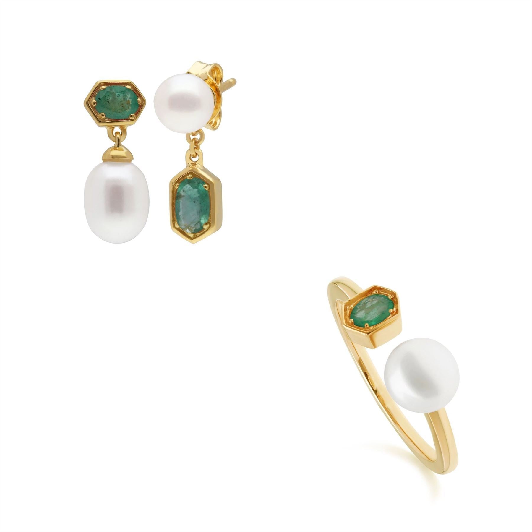 Modern Pearl & Emerald Earring & Ring Set in Gold Plated Sterling Silver