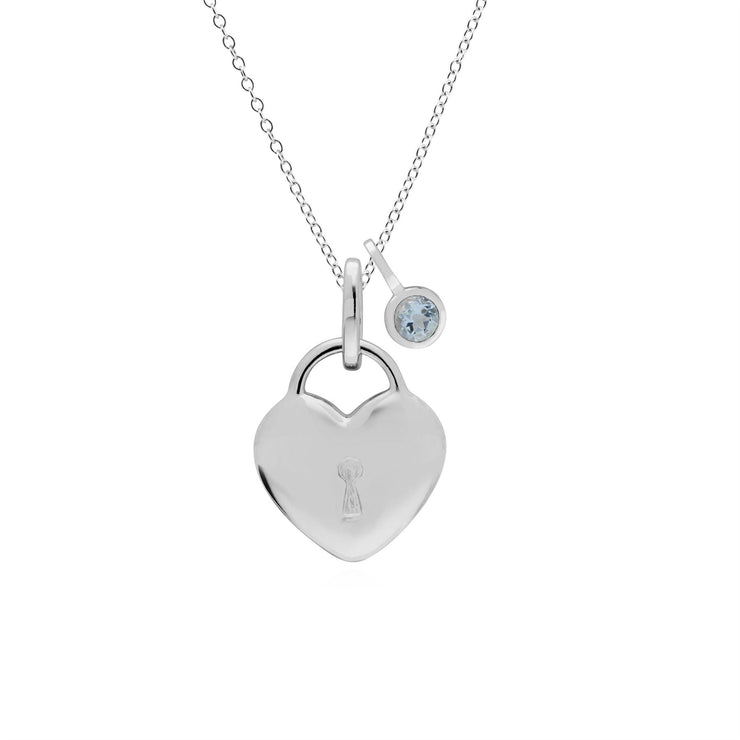 Classico ciondolo con lucchetto a cuore in argento 925 e ciondoli acquamarina