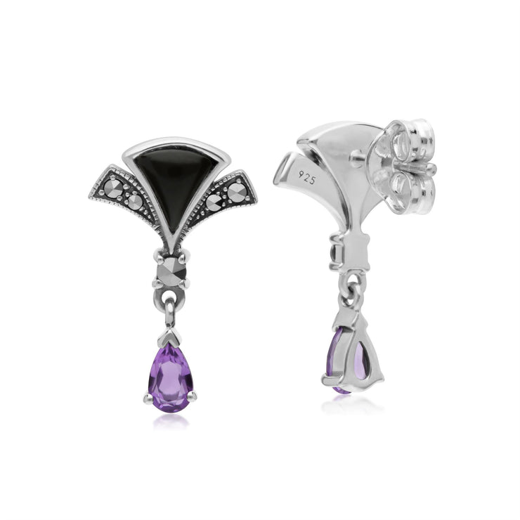 Orecchini pendenti a ventaglio in argento sterling con ametista, onice nero e marcasite