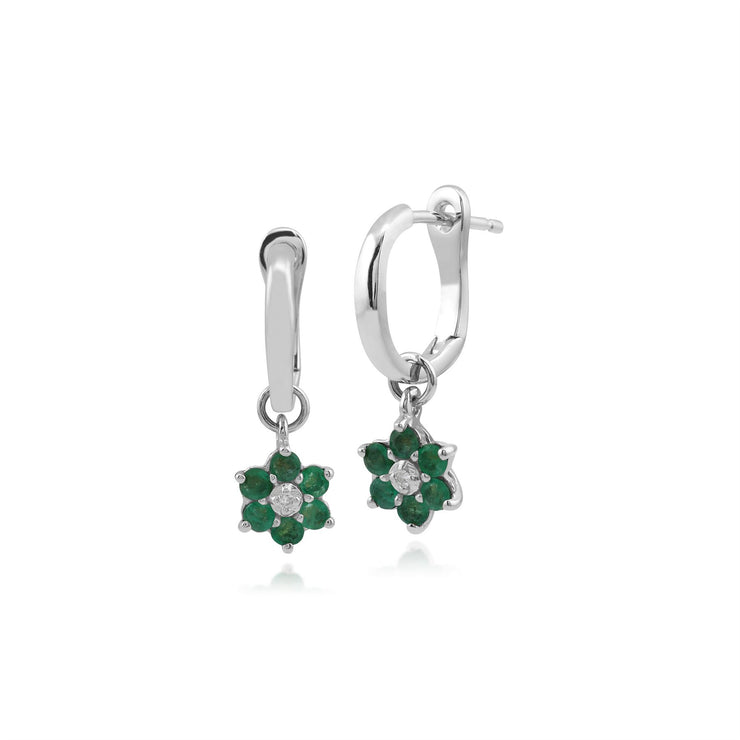 Orecchini pendenti e anello floreali in oro bianco 375 con smeraldi e diamanti