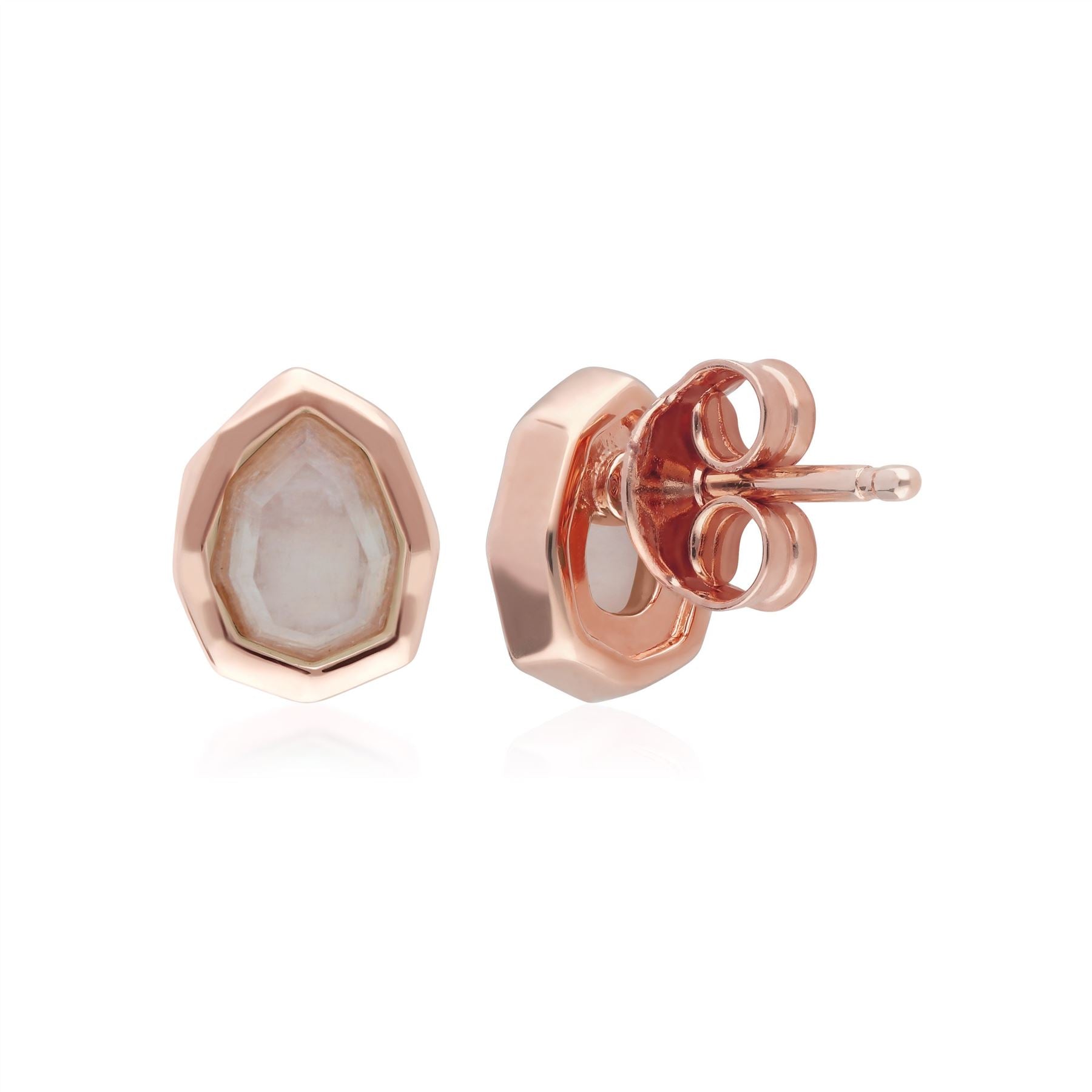 Irregular B Gem Rainbow Moonstone Stud Earrings in Rose Gold Sterling Silver Back