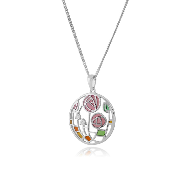 Collana e Orecchini Pendenti Rotondi Stile Rennie Mackintosh Argento 925 con Topazio e Smalto Stile Rosa Glasgow