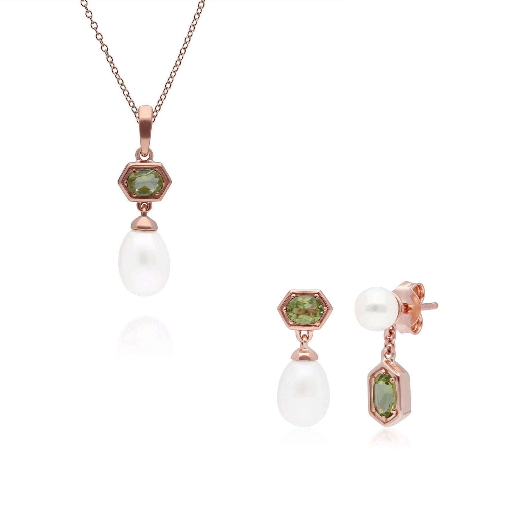 Modern Pearl & Peridot Pendant & Earring Set in Rose Gold Plated Sterling Silver