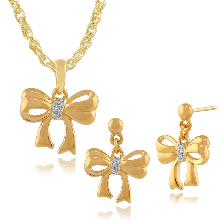 Ciondolo e orecchini con bottone a nodo classico Argento 925 placcato oro giallo Diamante