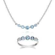Collana e anello classici in argento 925 con cinque pietre di topazio blu