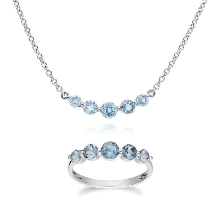 Collana e anello classici in argento 925 con cinque pietre di topazio blu