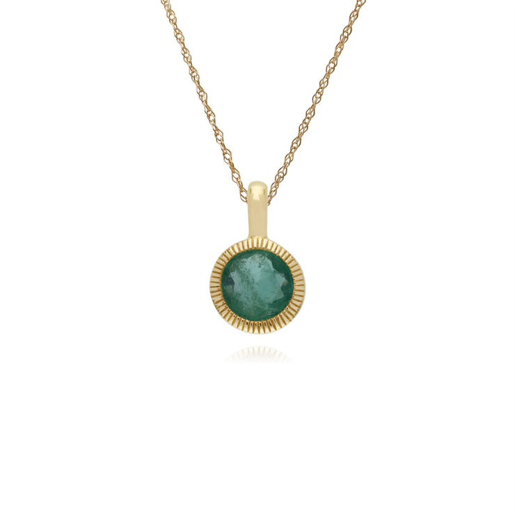 Collana di smeraldi, pendente Milgrain rotondo singolo in pietra di smeraldo in oro giallo da 9 ct su catena da 45 cm