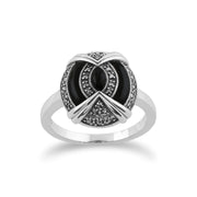Anello Art Déco Gemondo, anello Art Déco in argento sterling 925 con onice nero e marcasite