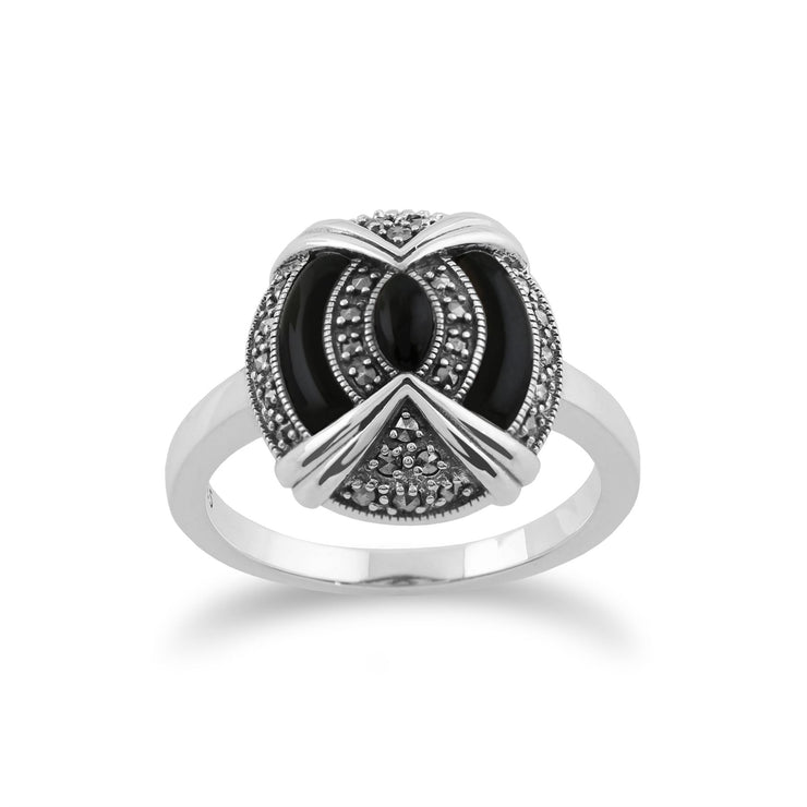 Anello Art Déco Gemondo, anello Art Déco in argento sterling 925 con onice nero e marcasite