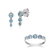 Orecchini con tre pietre e classico anello con cinque pietre Argento 925 con topazio azzurro