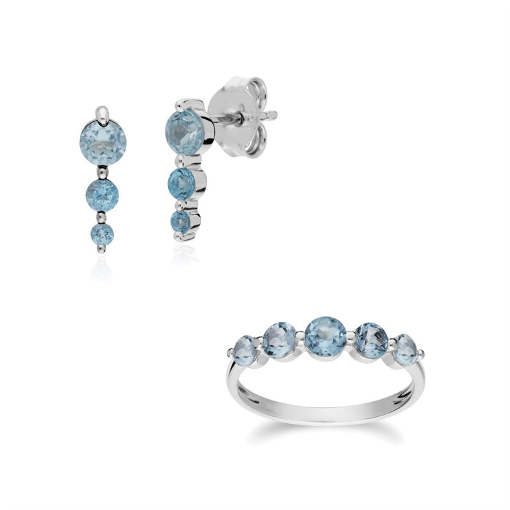 Orecchini con tre pietre e classico anello con cinque pietre Argento 925 con topazio azzurro