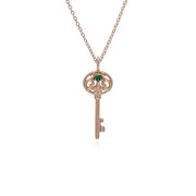 Classico pendente a chiave grande in argento 925 placcato oro rosa con smeraldo rotondo