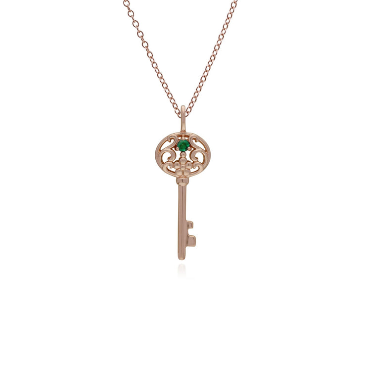 Classico pendente a chiave grande in argento 925 placcato oro rosa con smeraldo rotondo