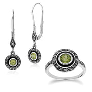 Anello e orecchini pendenti in stile Art Déco in argento 925 con peridoto rotondo, marcasite e smalto nero
